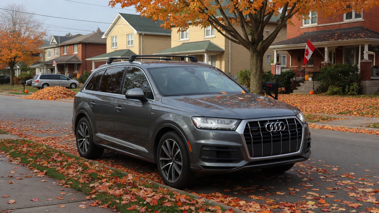 Grey Audi Q7 on a Canadian autumn street