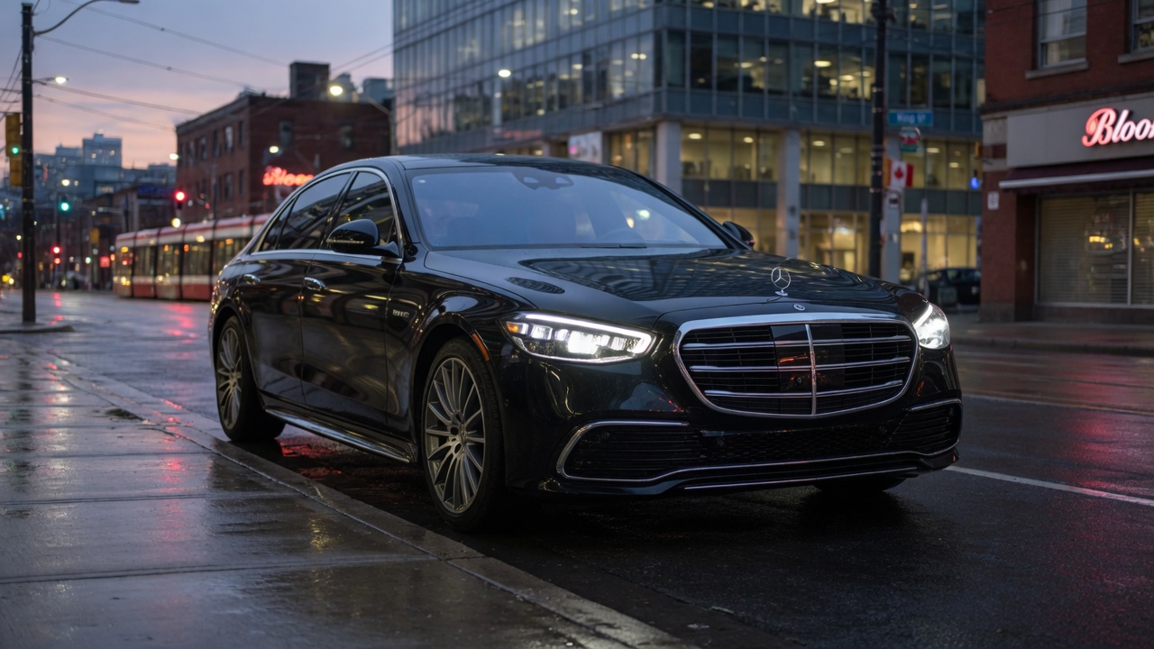 Black Mercedes-Benz S-Class on a wet Toronto street