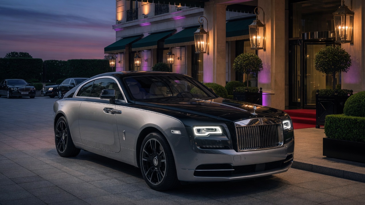 Two-tone Rolls-Royce Wraith coupe in front of a hotel